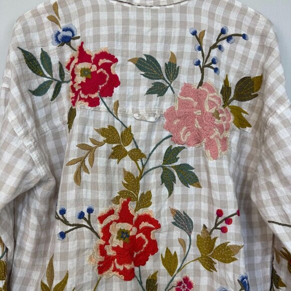 Johnny Was Workshop Adele Gingham Women's Overshirt Linen Embroidered Size Small - Picture 5 of 15